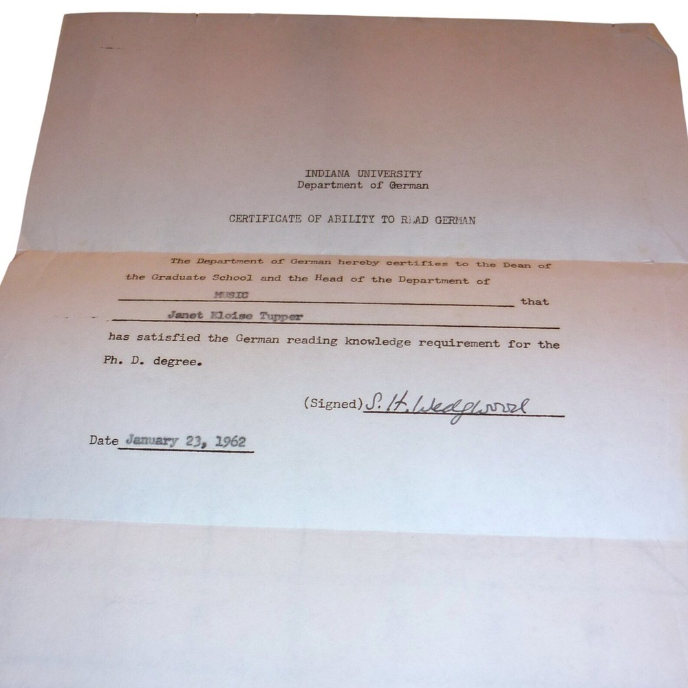 Vintage 1962 Indiana University Certificate PhD Music Theory German Reading